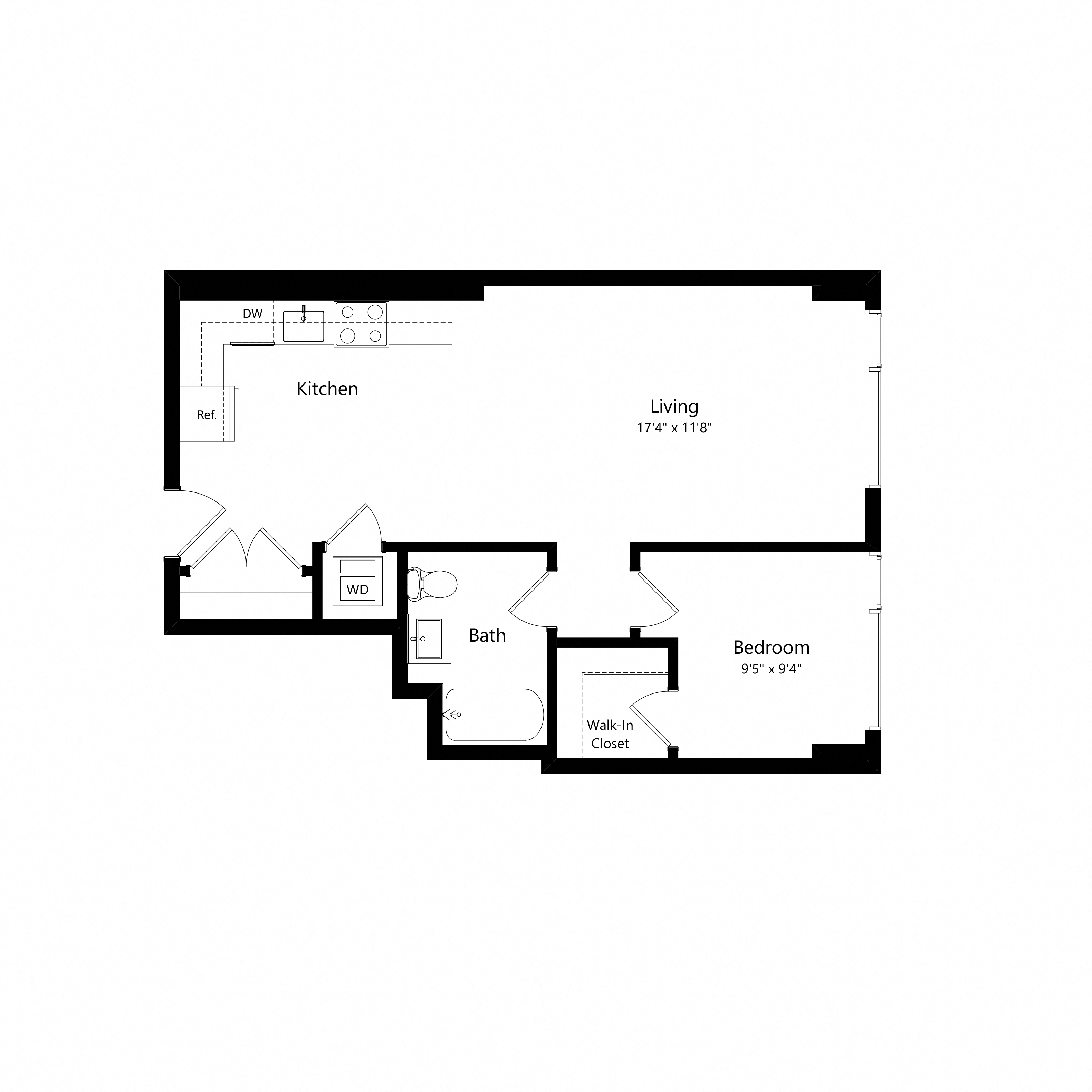 Floor plan for 1 bed, 1 bath, 664 sqft